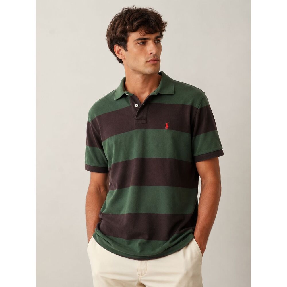 Polo Ralph Lauren Rugby Polo Shirt XL Green Brown Striped Big Pony Cotton Preppy
